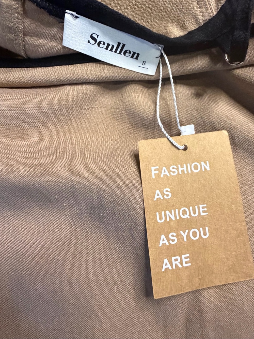 Senllen linen maxi dress Camel brown tan  Black Trim adjustable Size Small NWT - Picture 10 of 15